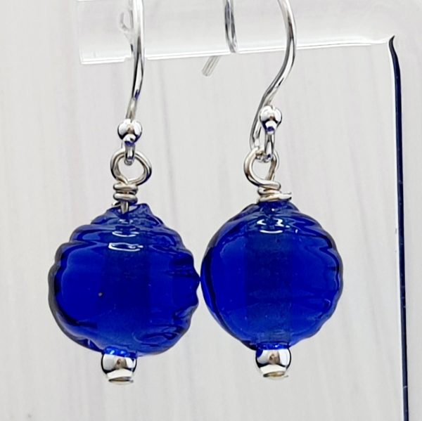 Intense Blue- Ribbed Round Earrings - Image 2