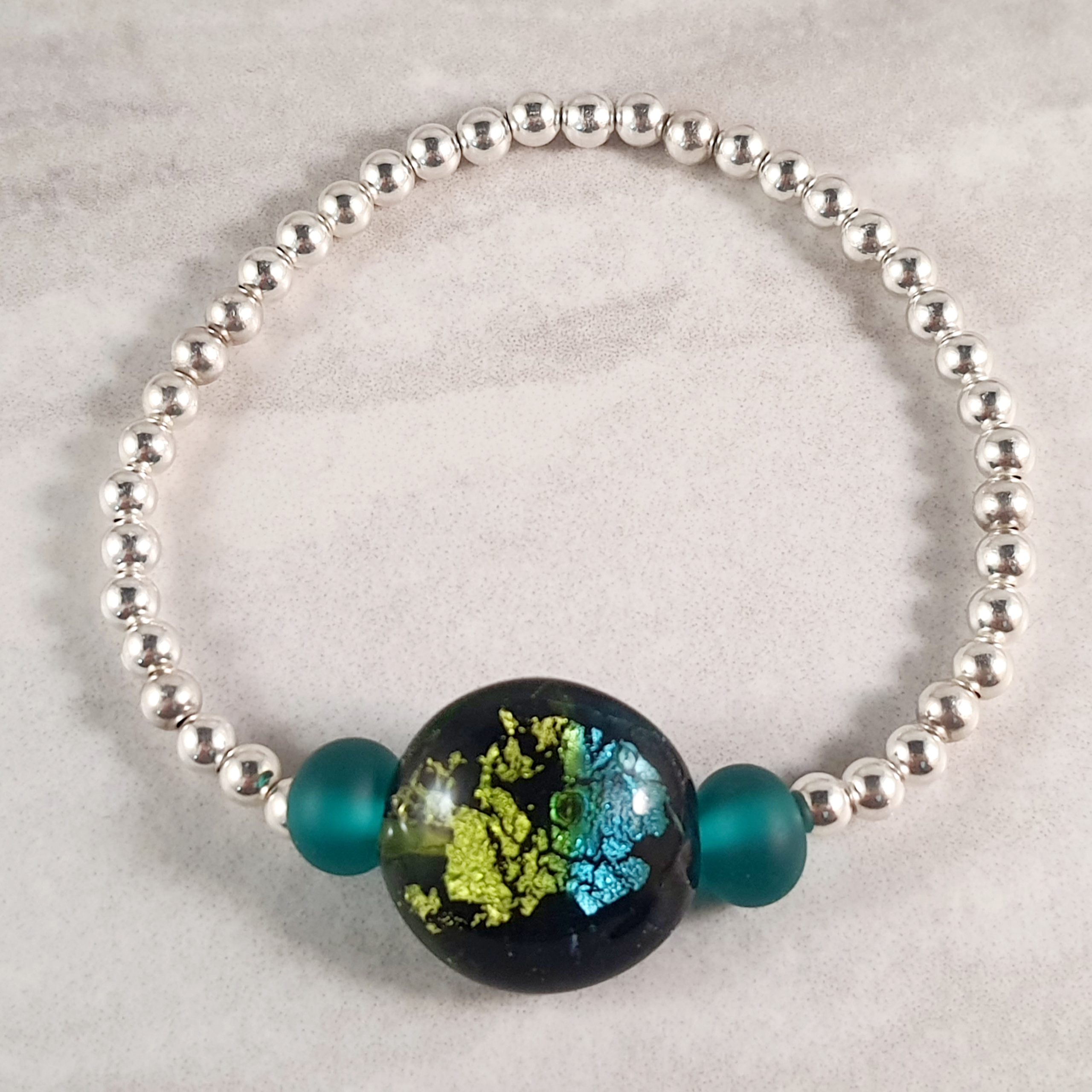 Silver Foil, Torquise, Grass Green Lentil 4mm Ball Bracelet